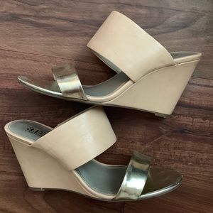 Nude/Dusty Pink and Gold Wedge Sandals, Size 9